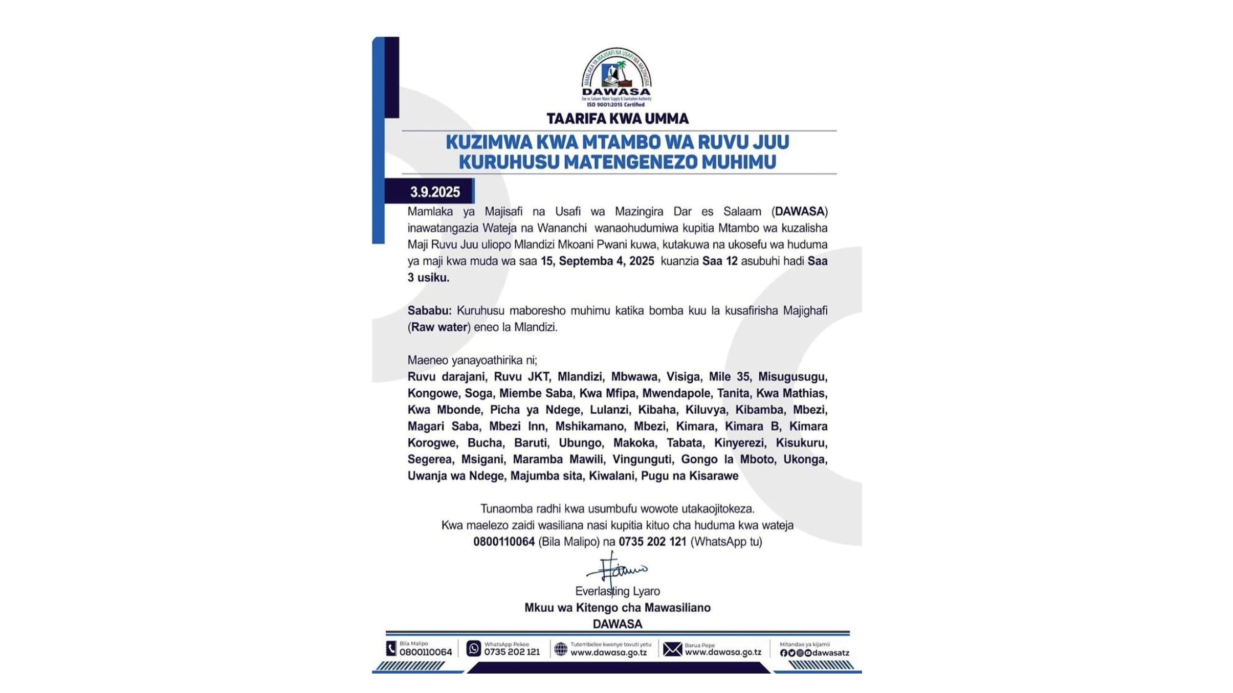 TAARIFA KWA UMMA - KUZIMWA KWA MTAMBO WA RUVU JUU KURUHUSU MATENGENEZO MUHIMU