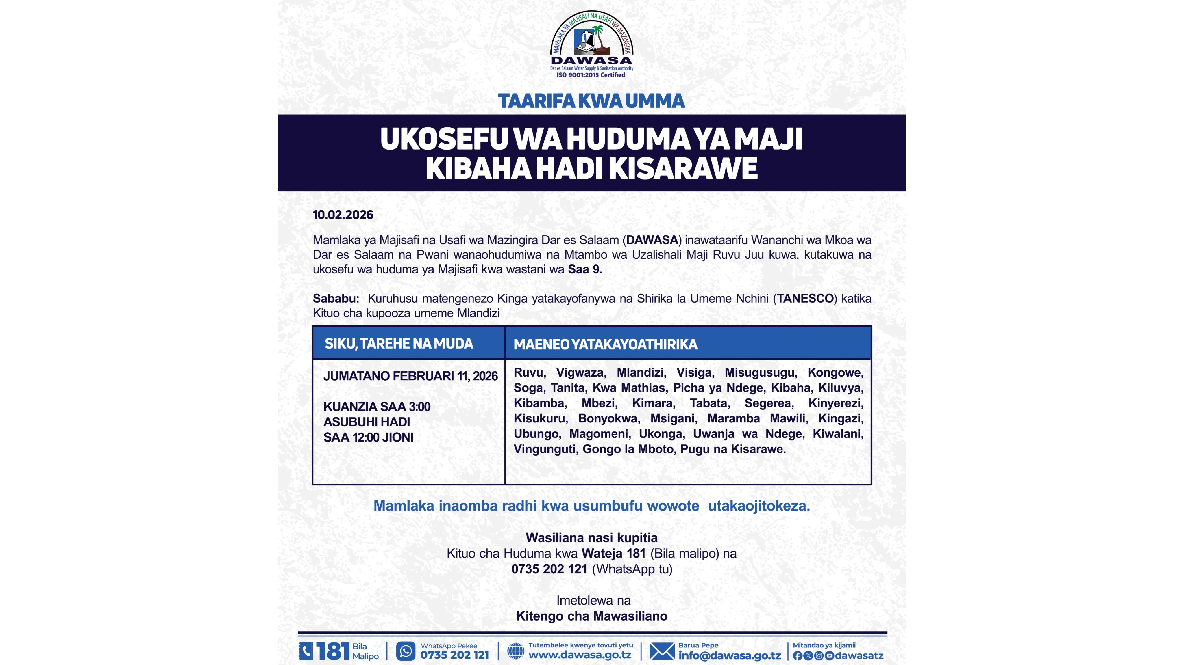 UKOSEFU WA HUDUMA YA MAJI KIBAHA HADI KISARAWE