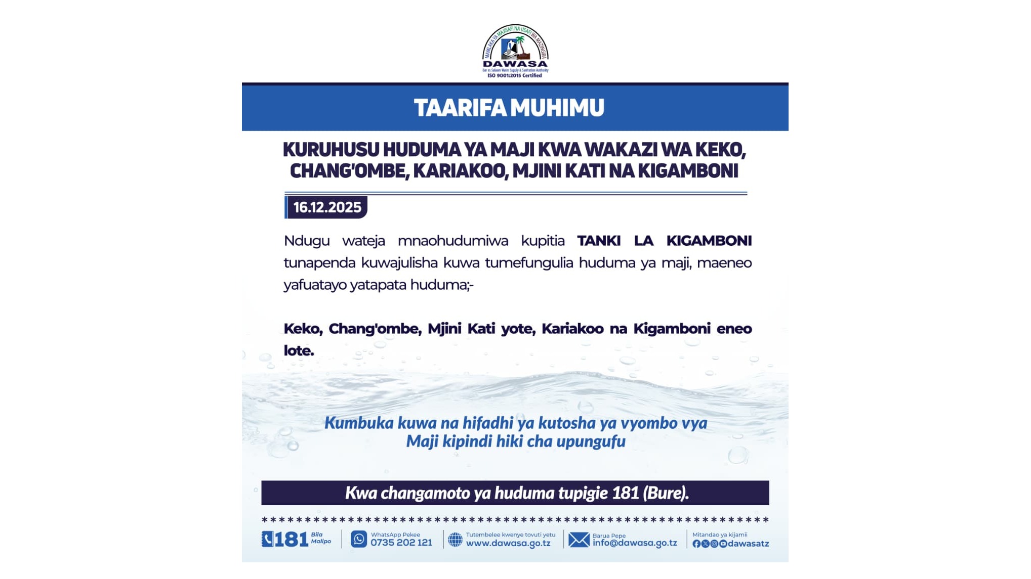 TAARIFA MUHIMU - KURUHUSU HUDUMA YA MAJI KWA WAKAZI WA KEKO, CHANG'OMBE, KARIAKOO, MJINI KATI NA KIGAMBONI