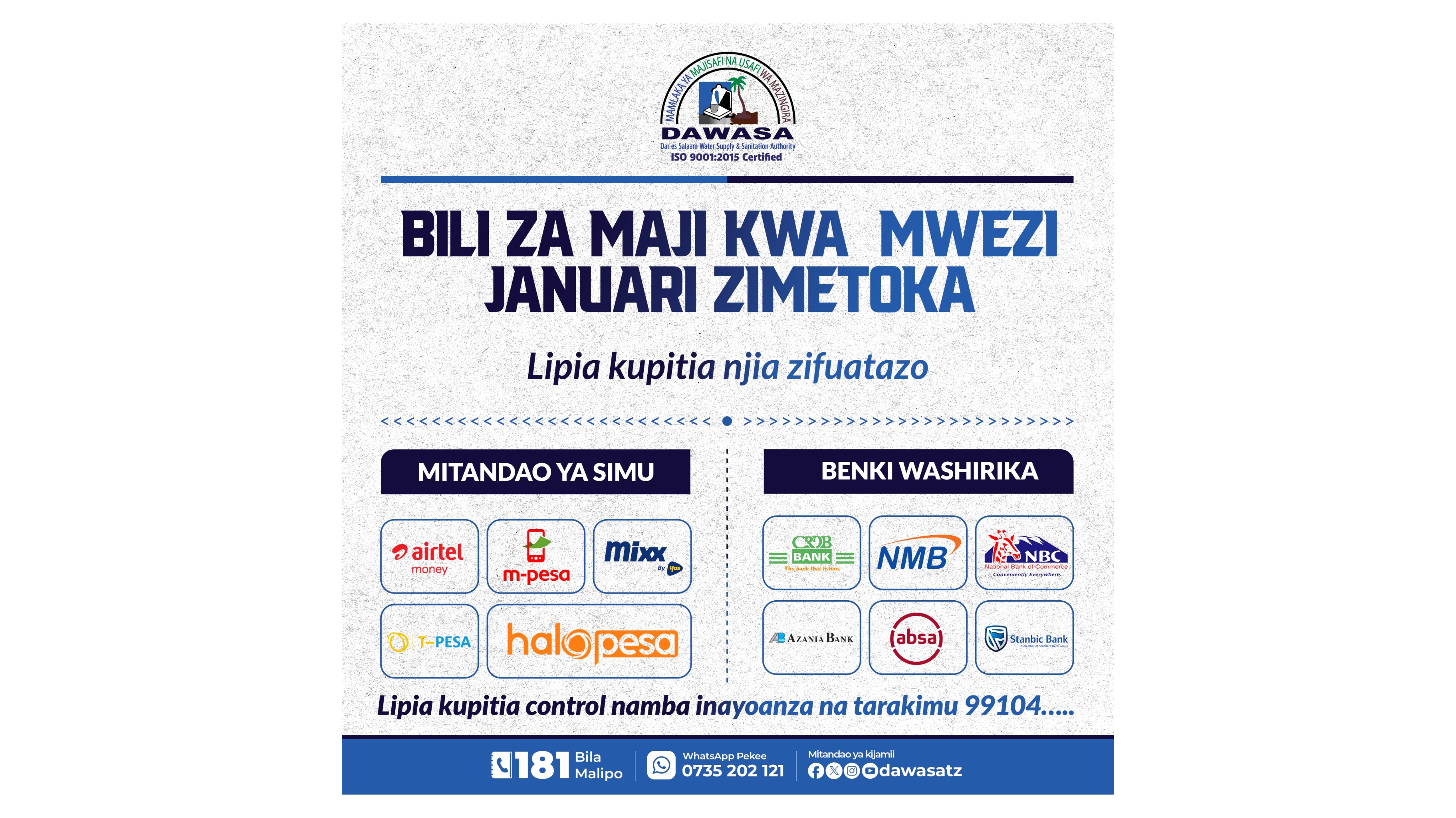 BILI ZA MAJI KWA MWEZI JANUARI ZIMETOKA