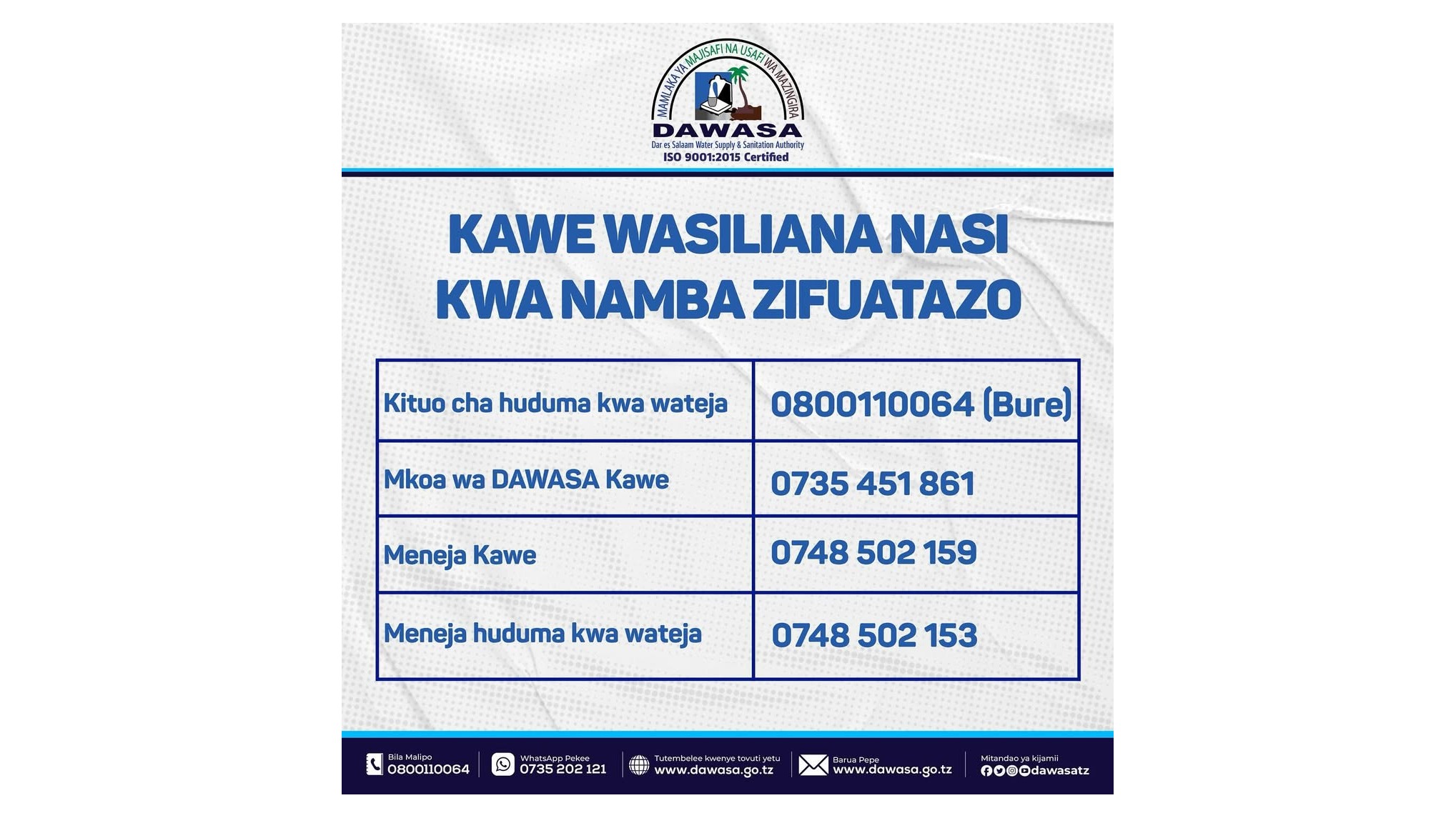 KAWE WASILIANA NASI KWA NAMBA ZIFUATAZO