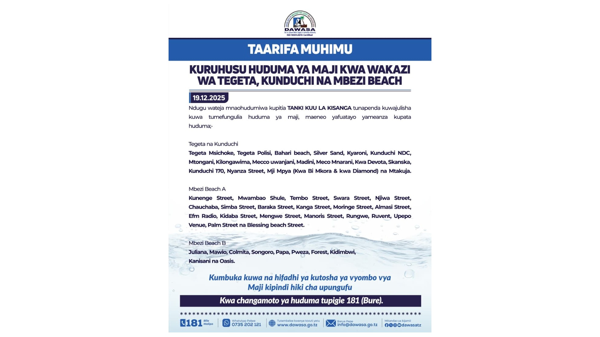 TAARIFA MUHIMU - KURUHUSU HUDUMA YA MAJI KWA WAKAZI WA TEGETA, KUNDUCHI NA MBEZI BEACH