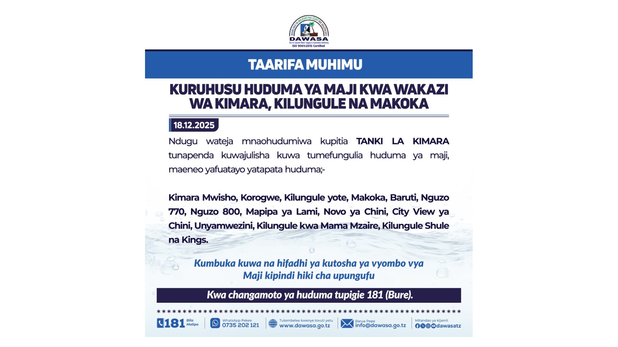 TAARIFA MUHIMU - KURUHUSU HUDUMA YA MAJI KWA WAKAZI WA KIMARA, KILUNGULE NA MAKOKA