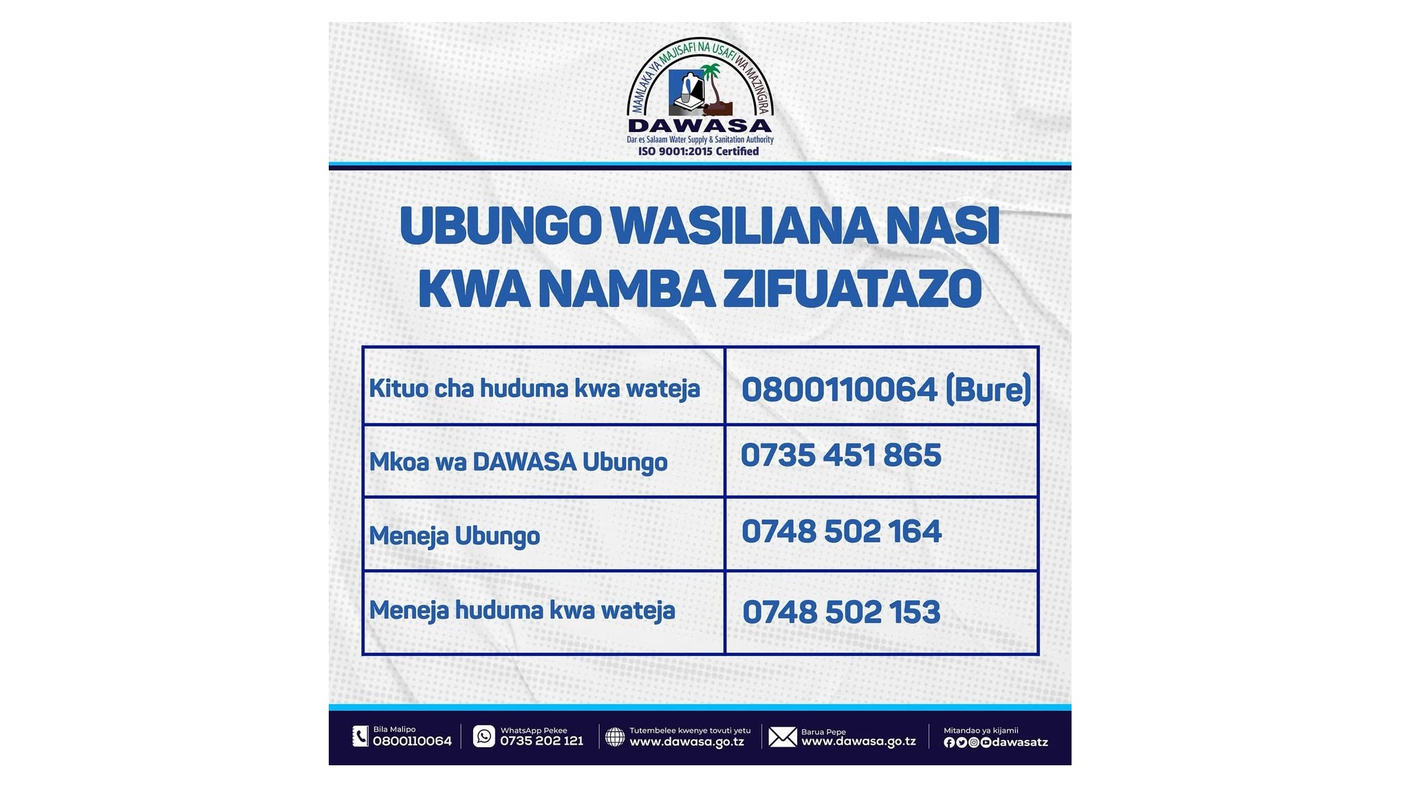 UBUNGO WASILIANA NASI KWA NAMBA ZIFUATAZO