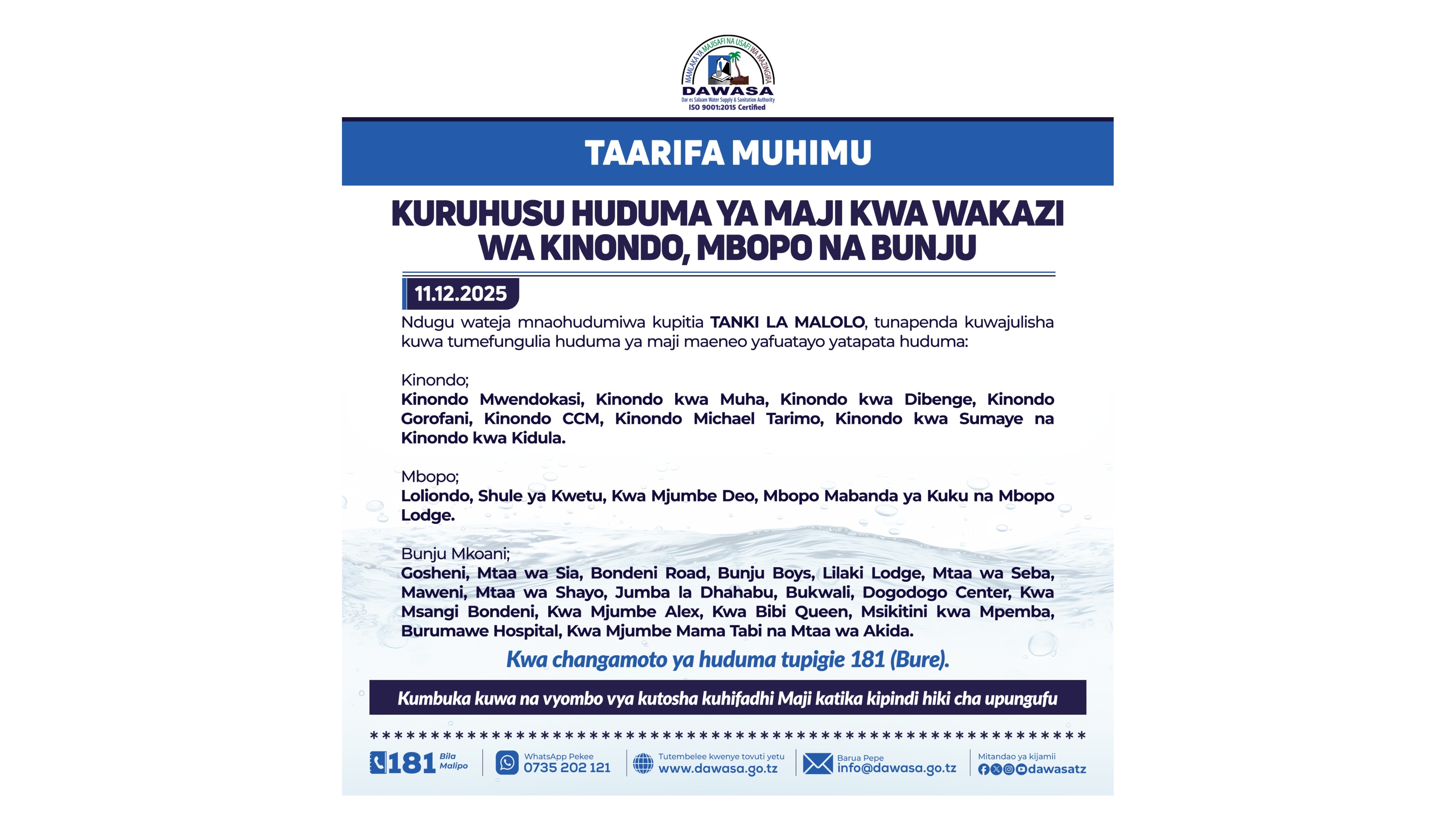 TAARIFA MUHIMU - KURUHUSU HUDUMA YA MAJI KWA WAKAZI WA KINONDO, MBOPO NA BUNJU