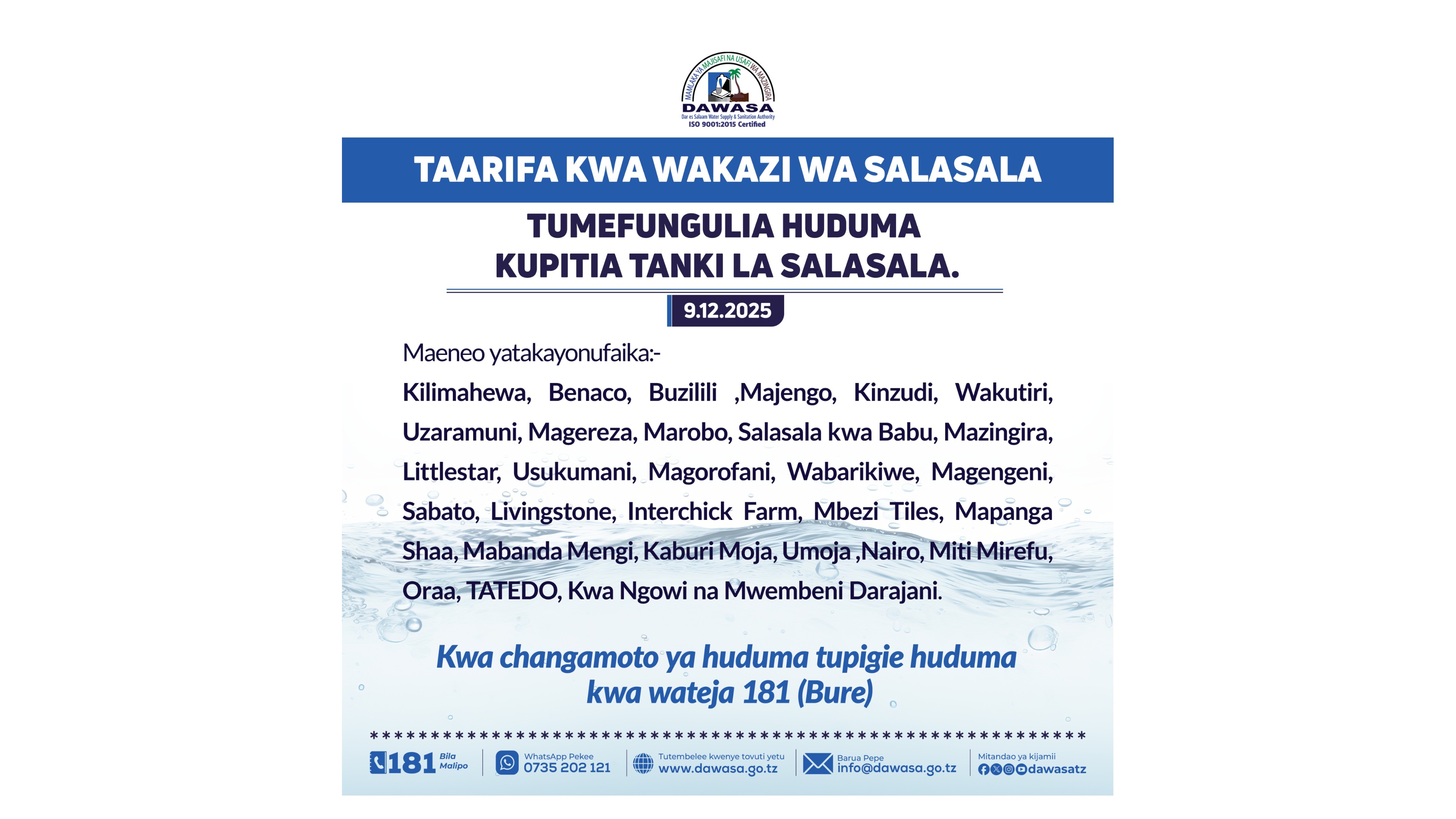 TAARIFA KWA WAKAZI WA SALASALA