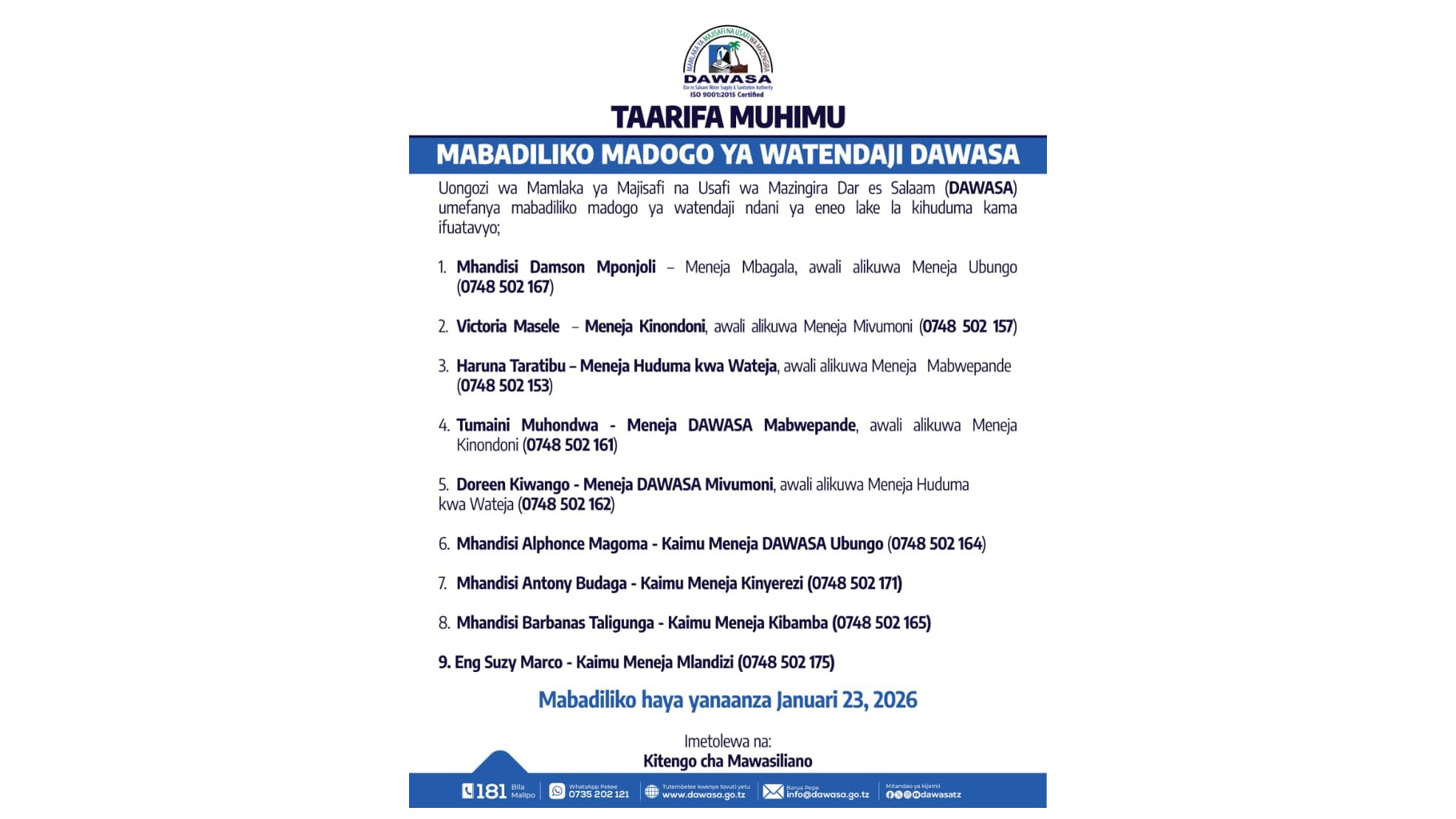 TAARIFA MUHIMU - MABADILIKO MADOGO YA WATENDAJI DAWASA