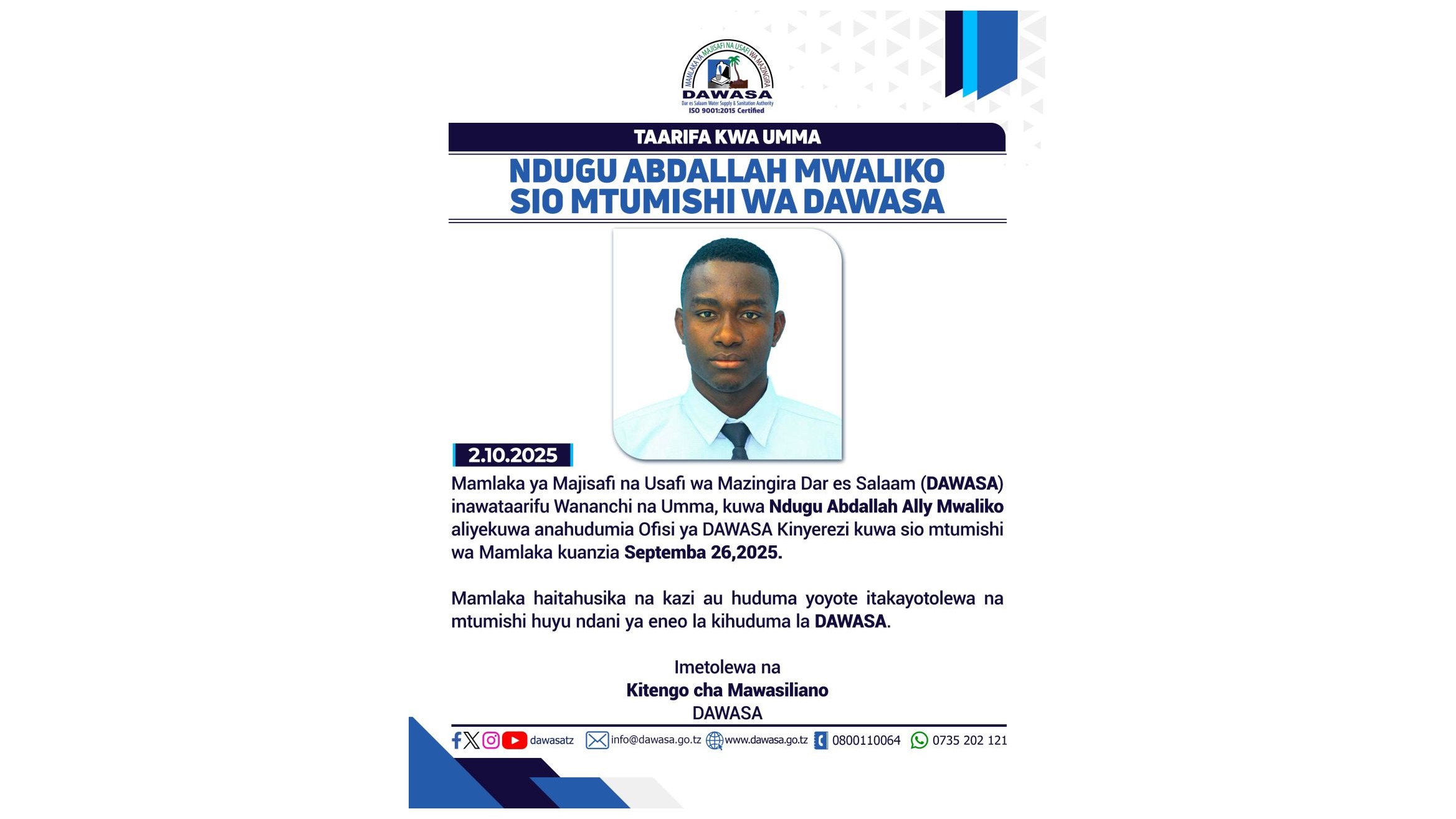 TAARIFA KWA UMMA - NDUGU ABDALLAH MWALIKO SIO MTUMISHI WA DAWASA