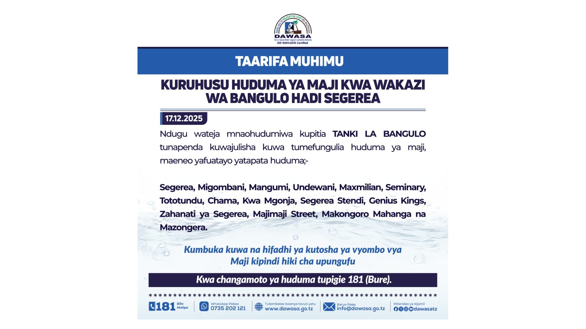 TAARIFA MUHIMU - KURUHUSU HUDUMA YA MAJI KWA WAKAZI WA BANGULO HADI SEGEREA