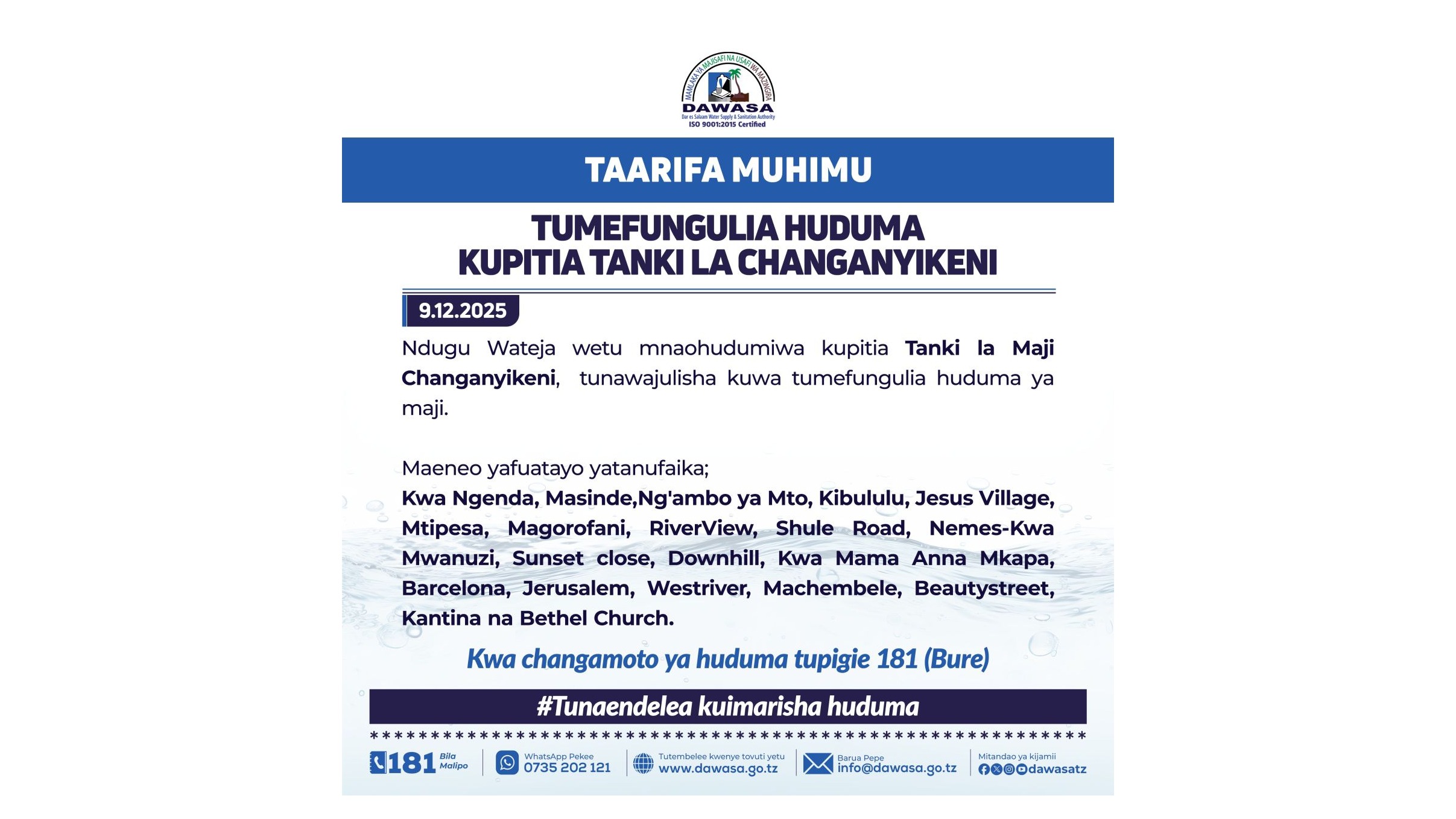 TAARIFA MUHIMU - TUMEFUNGULIA HUDUMA KUPITIA TANKI LA CHANGANYIKENI