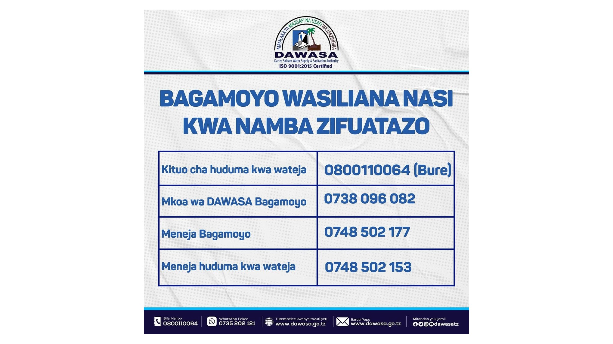 BAGAMOYO WASILIANA NASI KWA NAMBA ZIFUATAZO