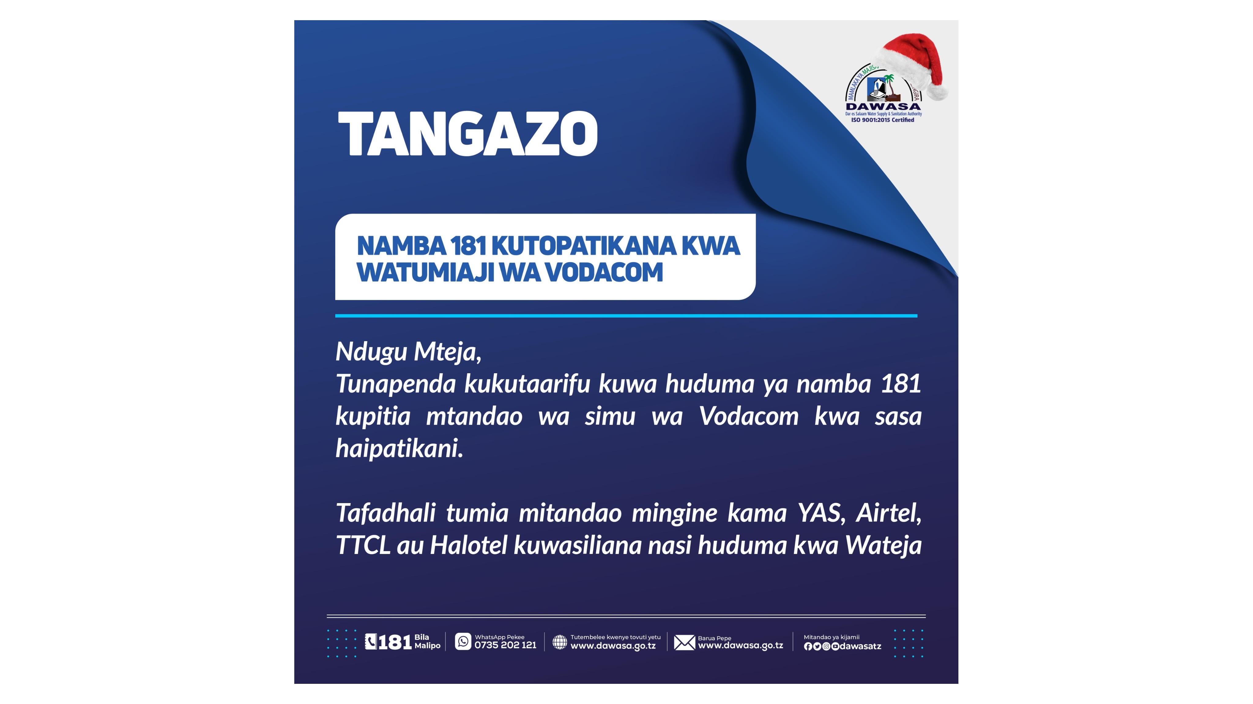 TANGAZO - NAMBA 181 KUTOPATIKANA KWA WATUMIAJI WA VODACOM