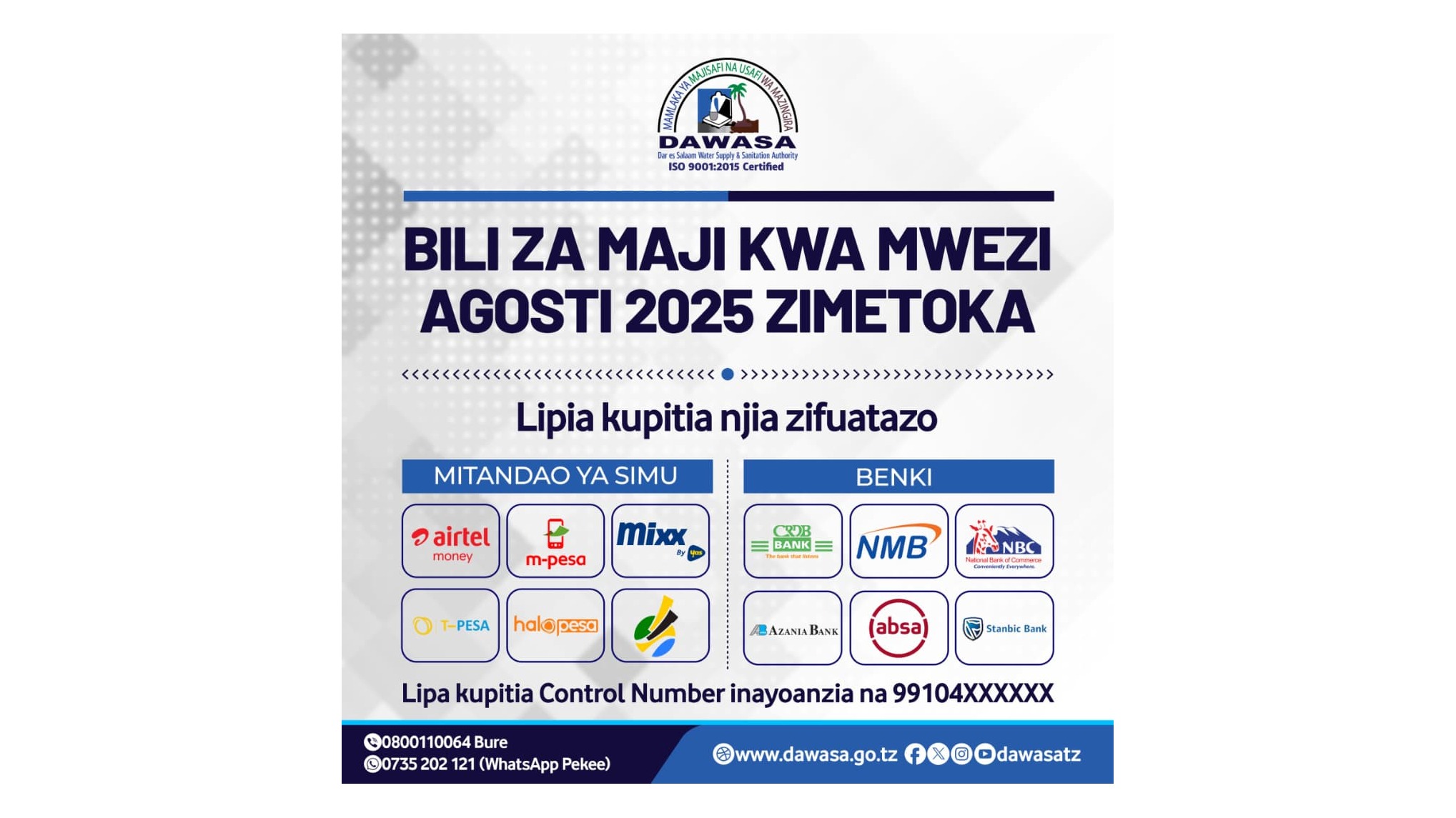 BILI ZA MAJI KWA MWEZI AGOSTI 2025 ZIMETOKA